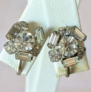 Small Vintage Silver Rhinestone Screw Earrings